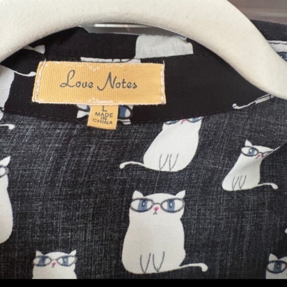Love Notes Shirt Cat Print Rayon Tie Front Whimsical Blouse Black Large - Picture 4 of 5